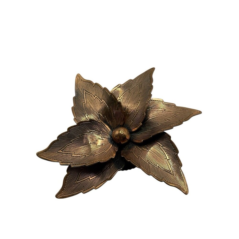 Copper‎ Etched Flower Brooch Pin 3D Poinsettia Christmas Pinwheel MCM VTG Unique
